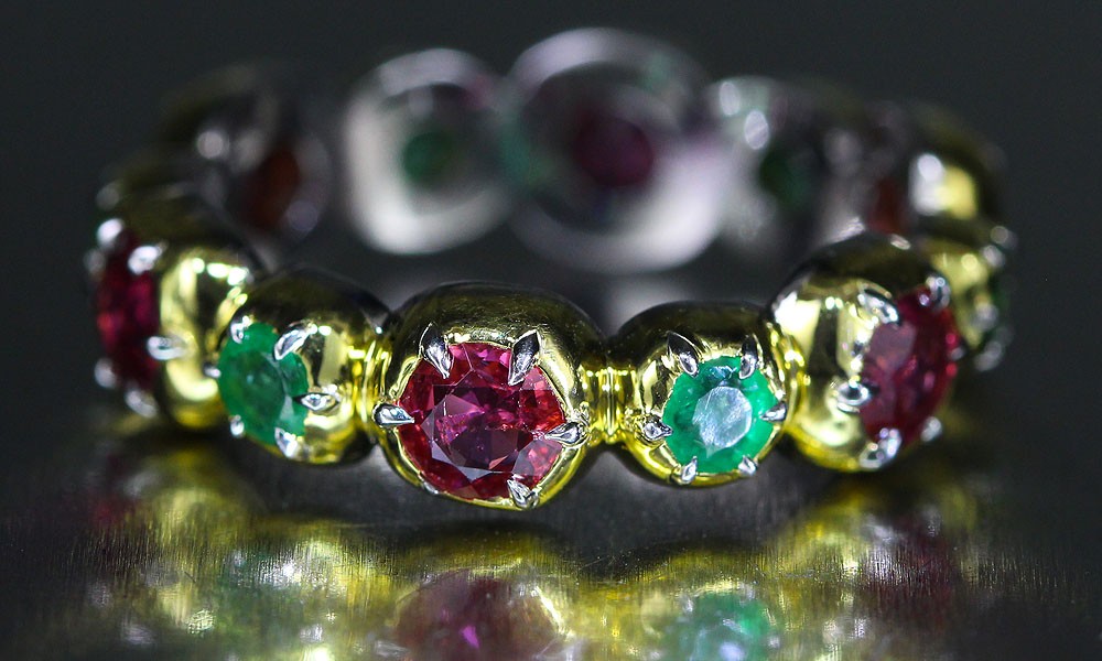 Collette Georgian inspired Ruby and Emerald band ring