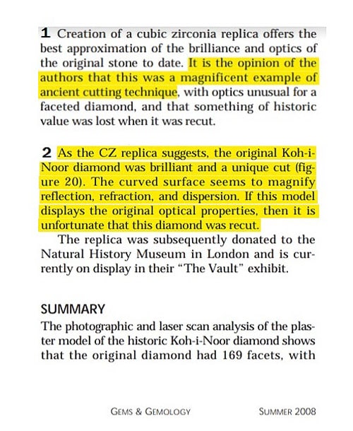 Excerpts selected from Gems & Gemology, Summer 2008 on the Koh-i-Noor Diamond