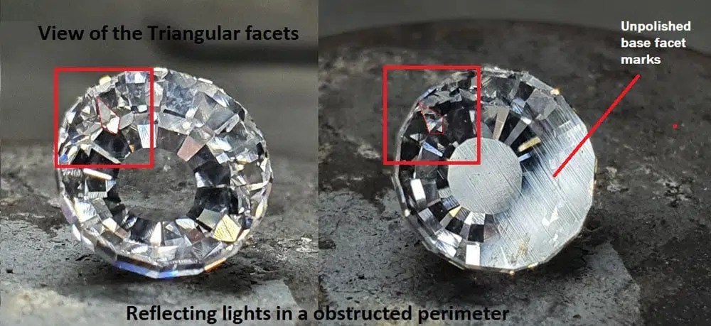 Triangular facet effects (red surround) as viewed through the diamond’s base facet
