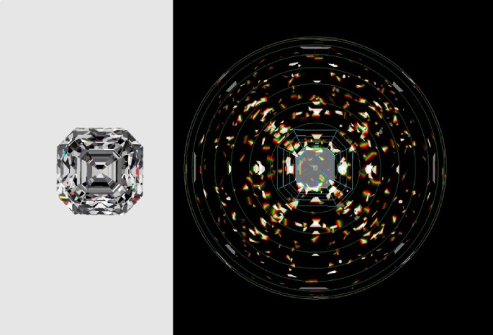 Figure 4 – Vintage style Asscher diamond – virtual image and relative ETAS
