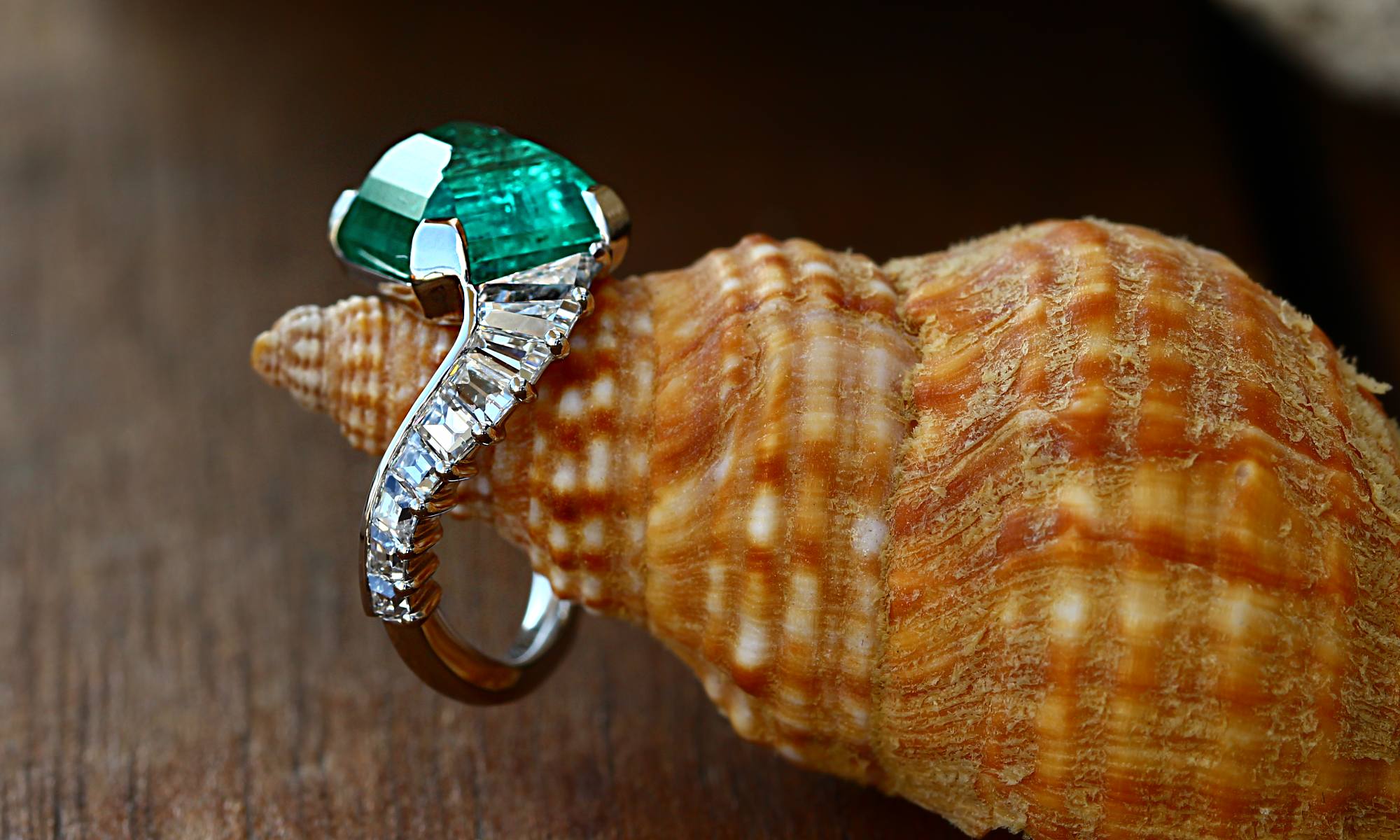Antique Emerald Pinky Ring Spiraled by Nine Unique Historic Diamond Cuts